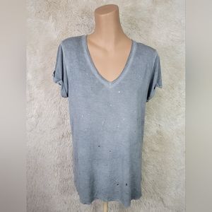 Paige Womens Size L Short Sleeve Shirt Gray With Silver Foil Vneck Top Stretch U